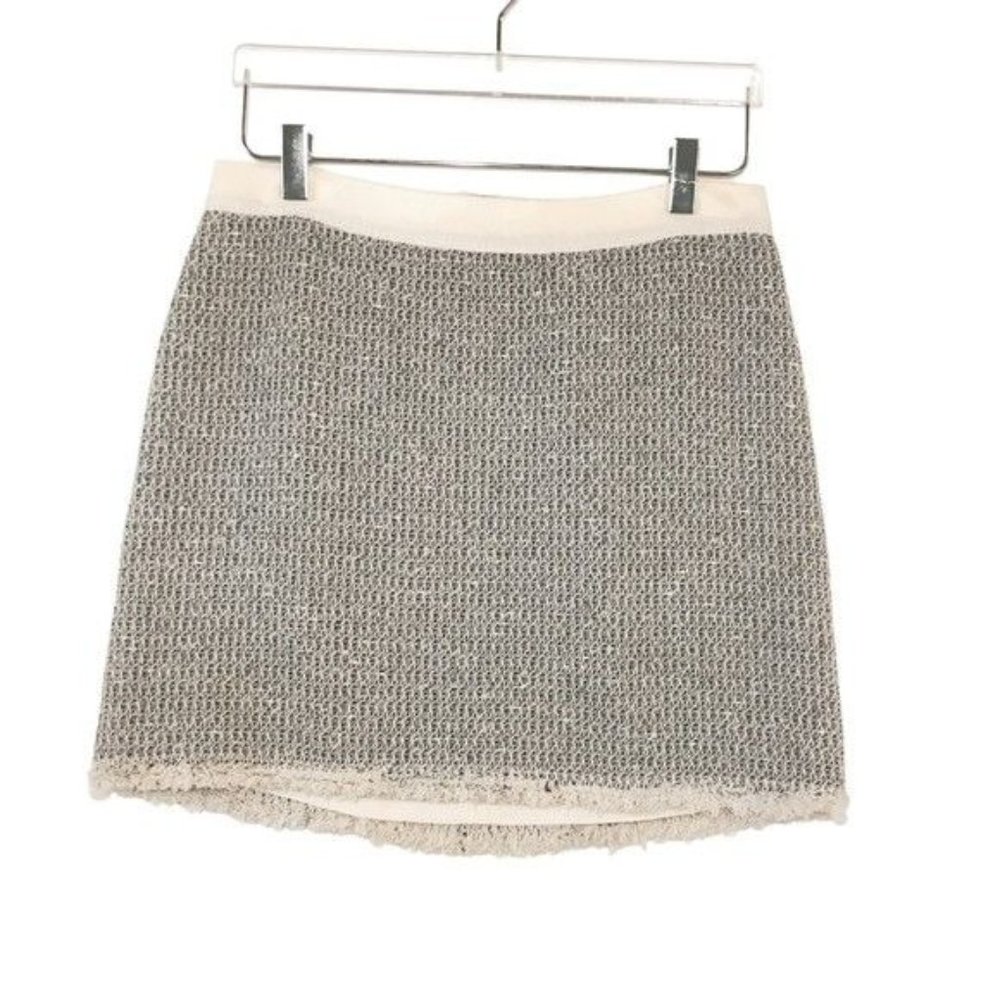 Rebecca Taylor Tweed Mini Skirt 8 Fringe Hem Cream Gray Textured
